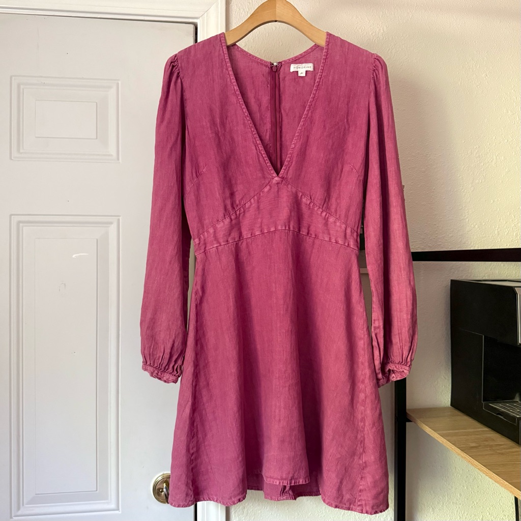 Honorine Magenta Pink Fuchsia Purple Linen Puff Long Sleeve V-Neck Mini Dress